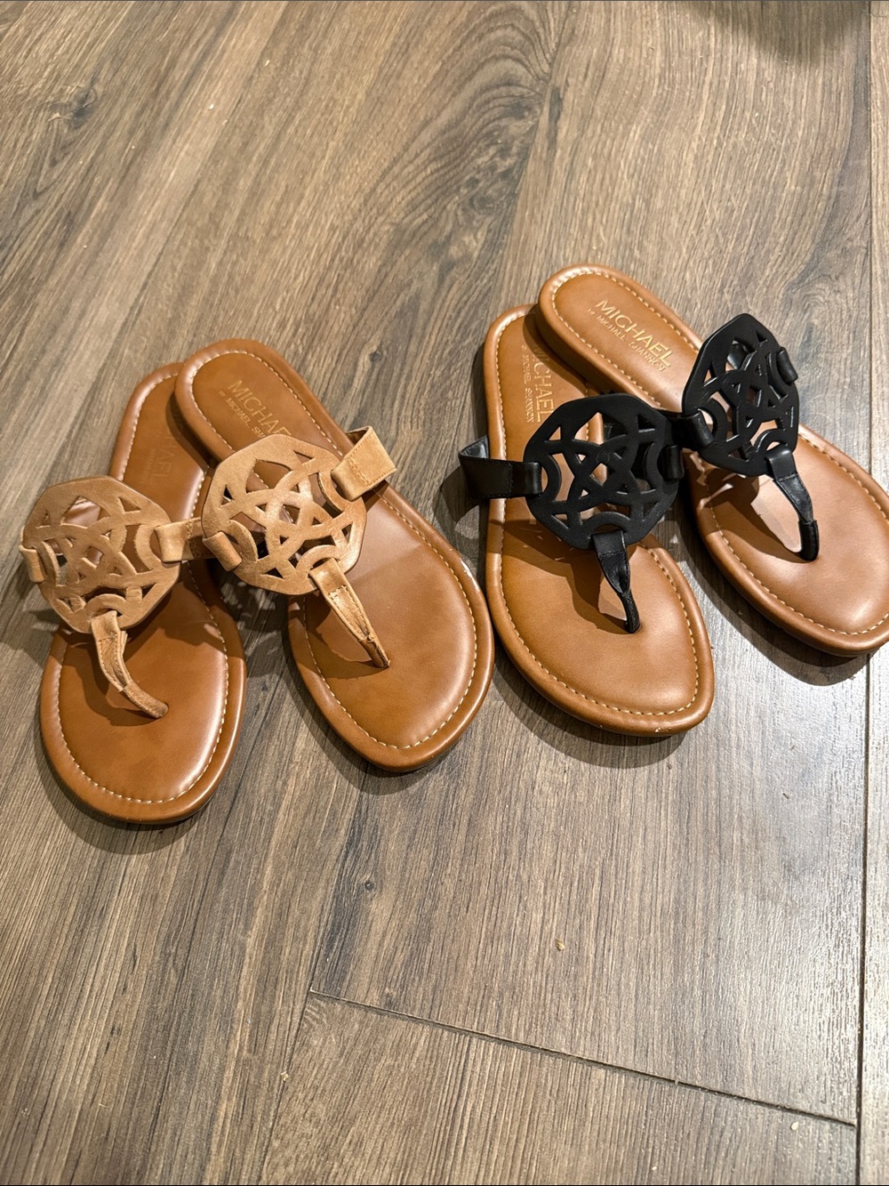 Michael Shannon Women's Cutout Logo Thong Sandals - Black & Tan size 7